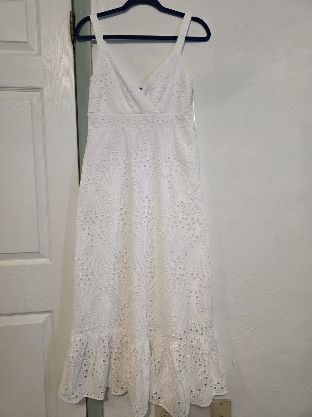 Boston Proper White Eyelet Midi Dress with Ruffled Hem